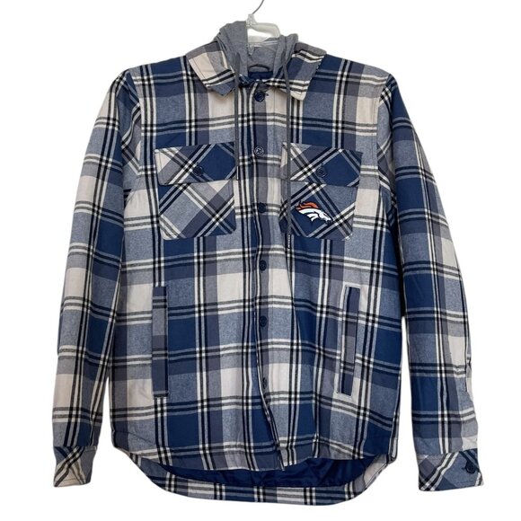 Denver Broncos Jacket Men’s Size Small S Plaid Shacket Hooded Quilted Lined
